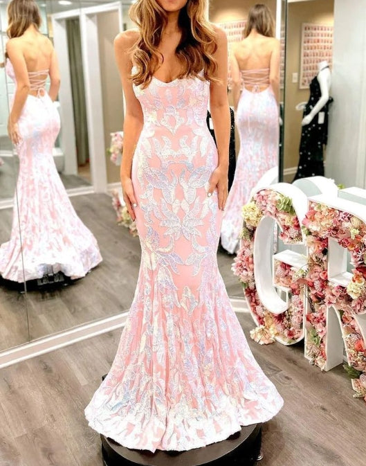 Lindos vestidos de fiesta de satén con escote redondo de sirena y encaje de lentejuelas